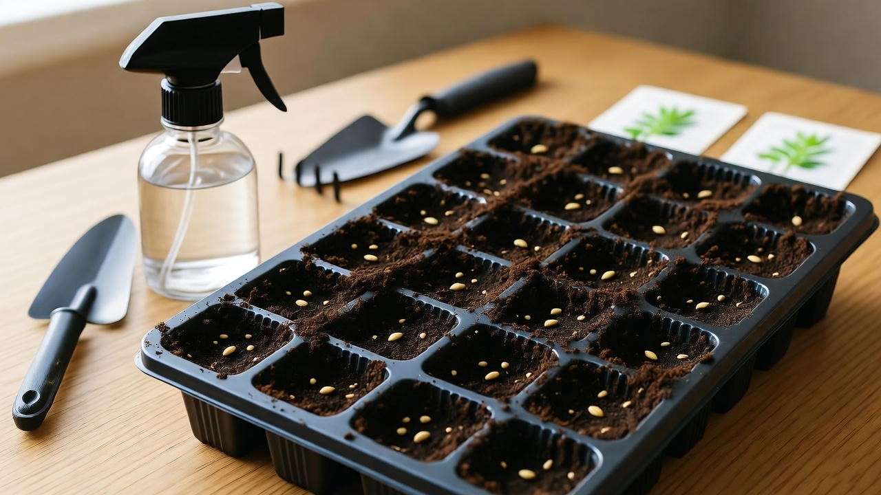Close-up of a seed tray with lavender seeds planted in well-draining soil, accompanied by gardening tools and a spray bottle.