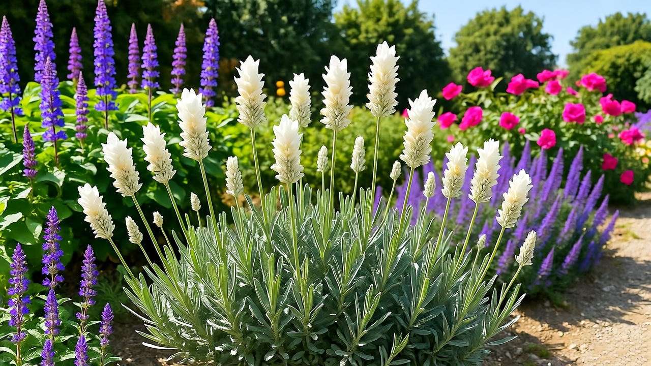 Blooming white lavender plant in a sunny Mediterranean garden with companion plants and a gravel path.