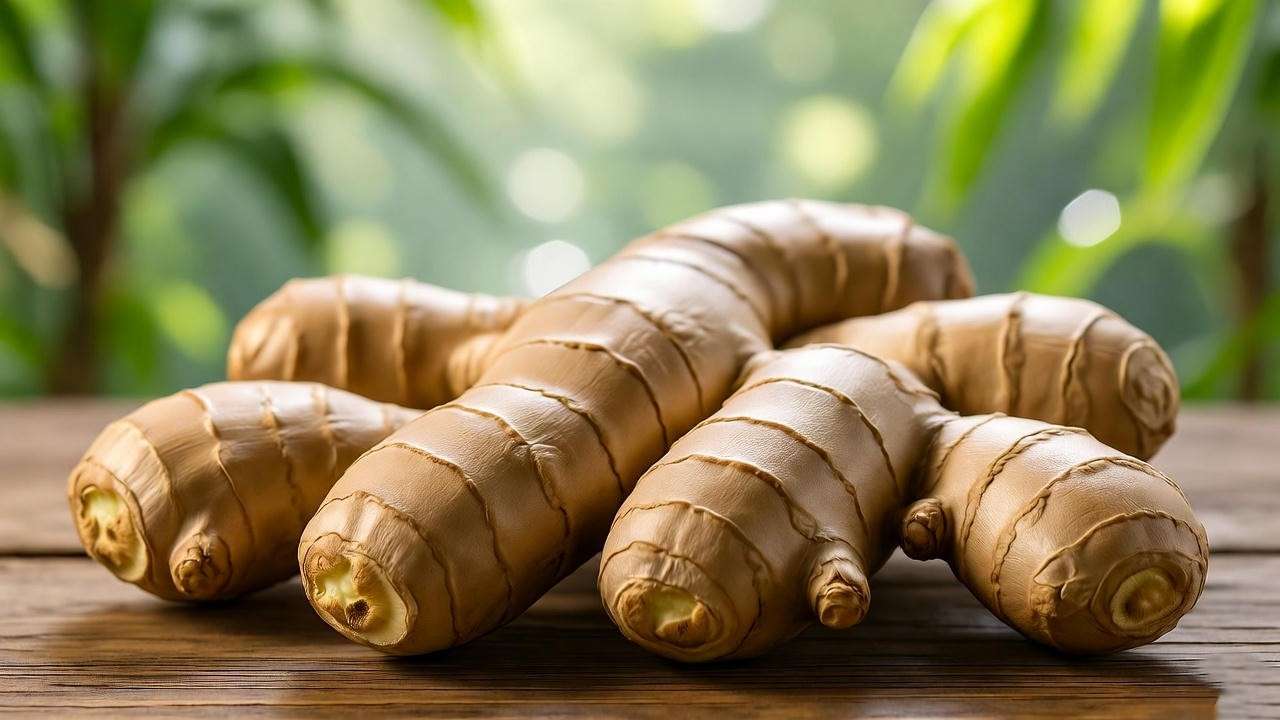 Close-up of fresh ginger rhizomes with growth buds for planting, showcasing ginger plant care essentials.