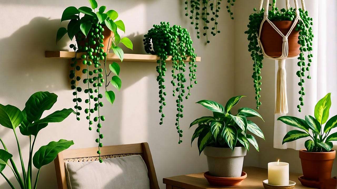 Cozy living room with trailing indoor house plants like Pothos and String of Pearls cascading from a shelf and hanging planter, enhancing decor. 