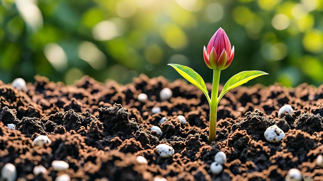  "Nutrient-rich soil with compost and perlite for red flower plant seedling growth in a lush garden."