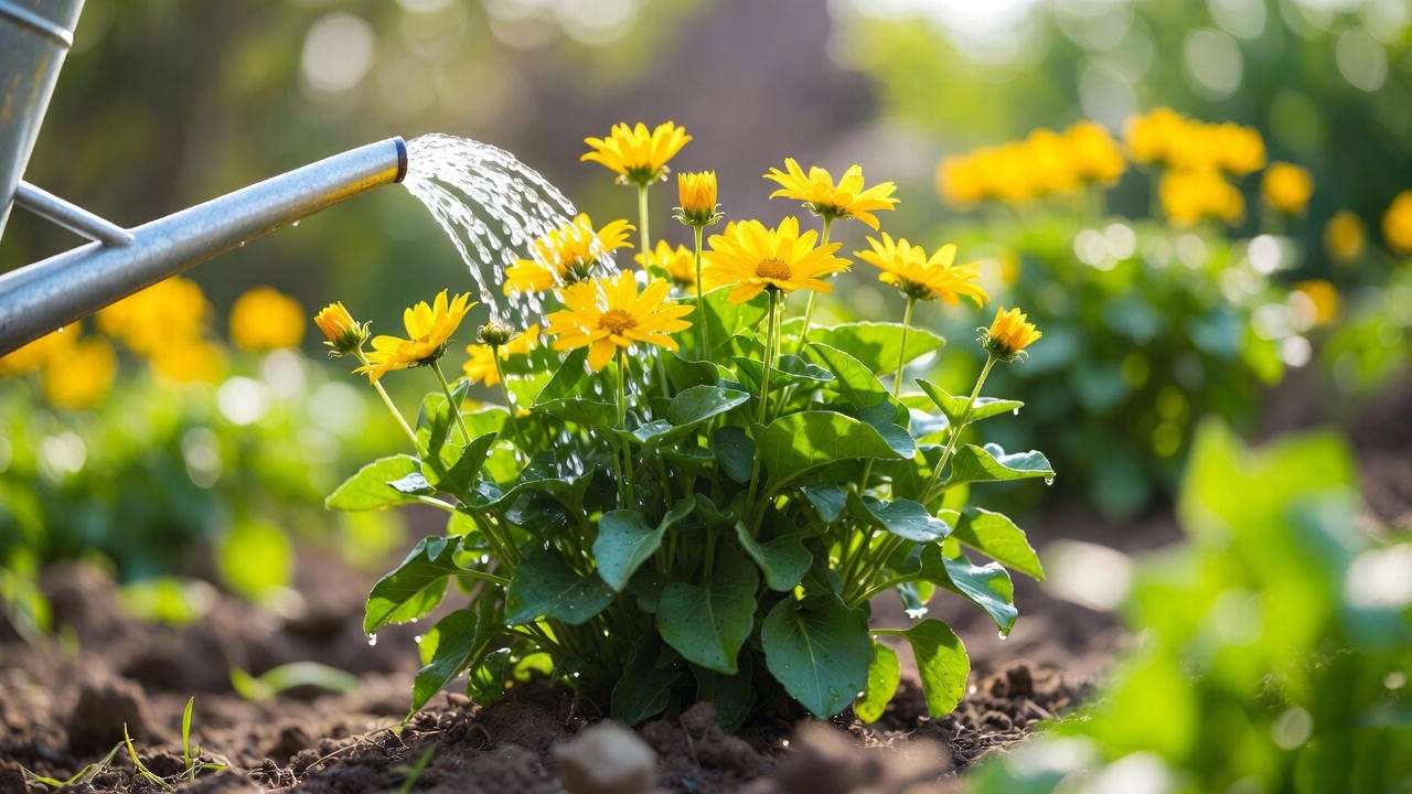 Close-up of watering a yellow daisy plant in a well-drained garden bed.