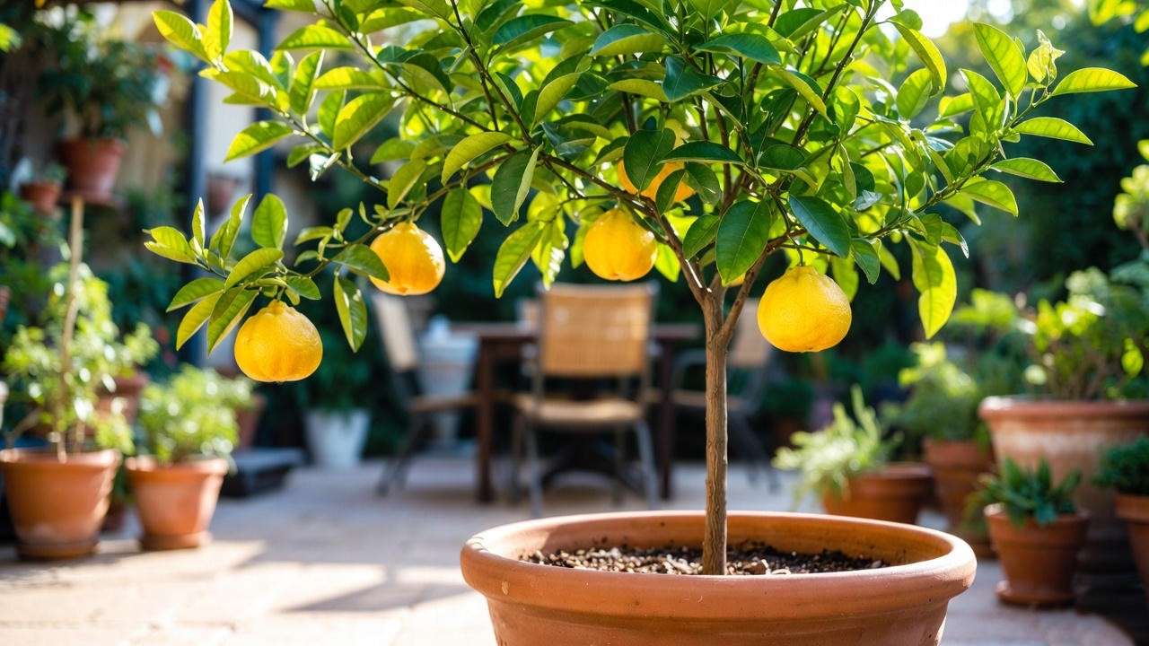 Dwarf ruby red grapefruit tree in a terracotta pot on a sunny patio, showcasing container gardening with ripe fruit and green foliage.