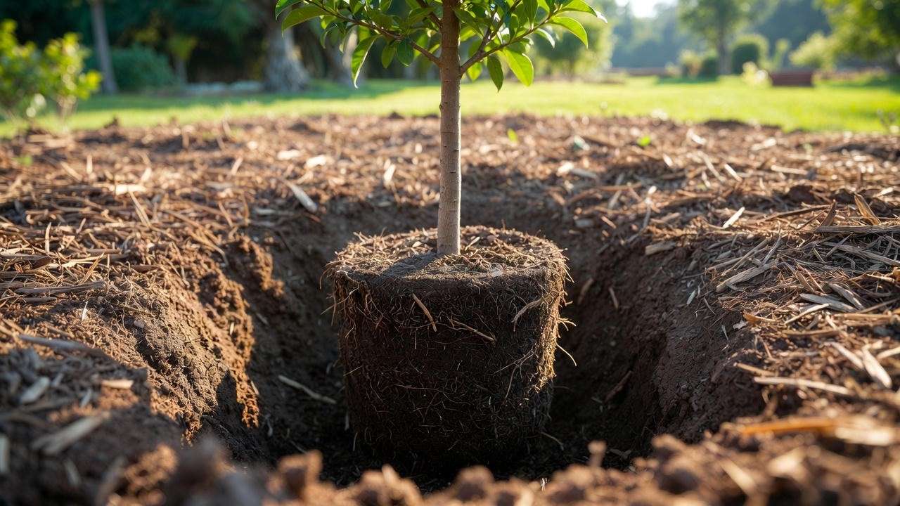Young macadamia nut tree being planted in loamy soil with organic mulch in a sunny garden setting