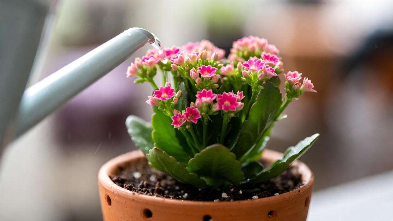 Close-up of watering a pink kalanchoe plant in a terracotta pot, showing proper soak-and-dry technique.