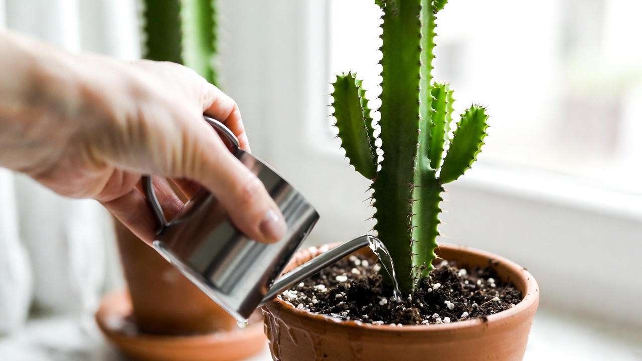 Hand watering a spiral cactus plant in a clay pot with gritty soil, demonstrating proper spiral cactus plant care technique to avoid overwatering.

