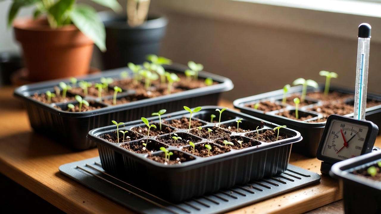 Seed trays with sprouting Peter Pepper chilli seedlings on a heat mat, showcasing indoor germination setup. 