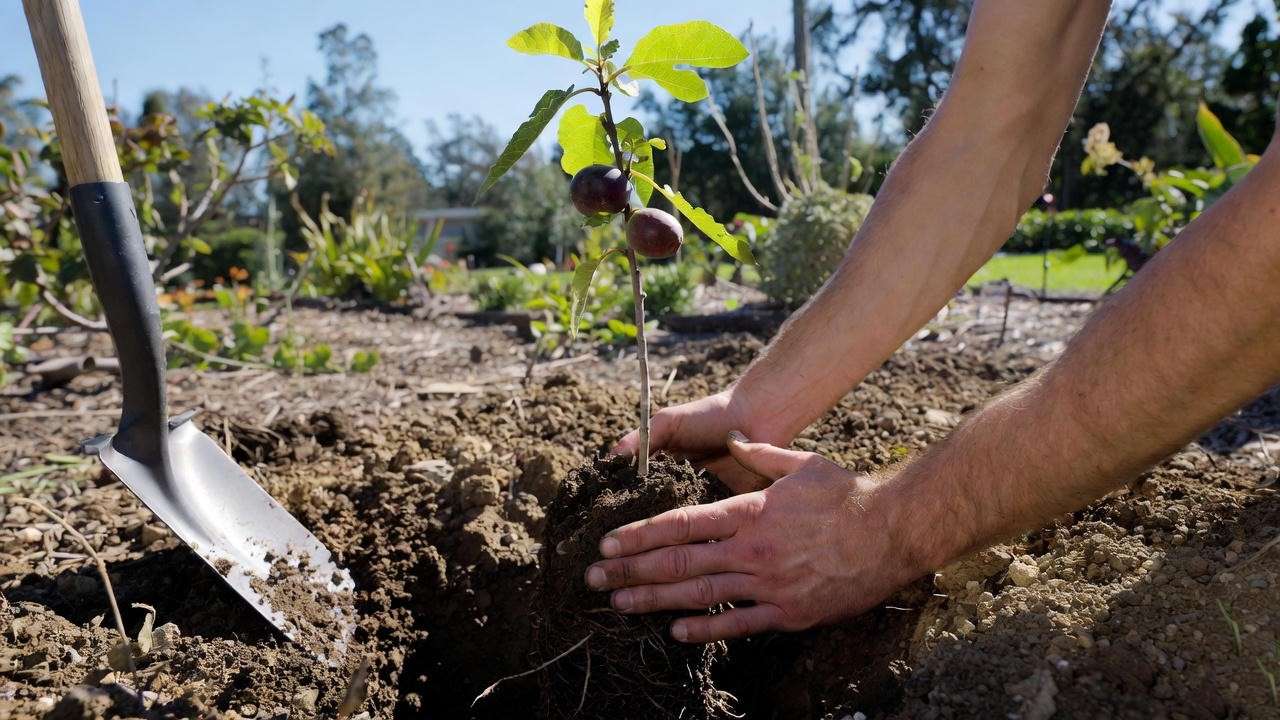 Gardener planting an LSU Purple Fig Tree sapling in a sunny backyard garden with prepared soil.