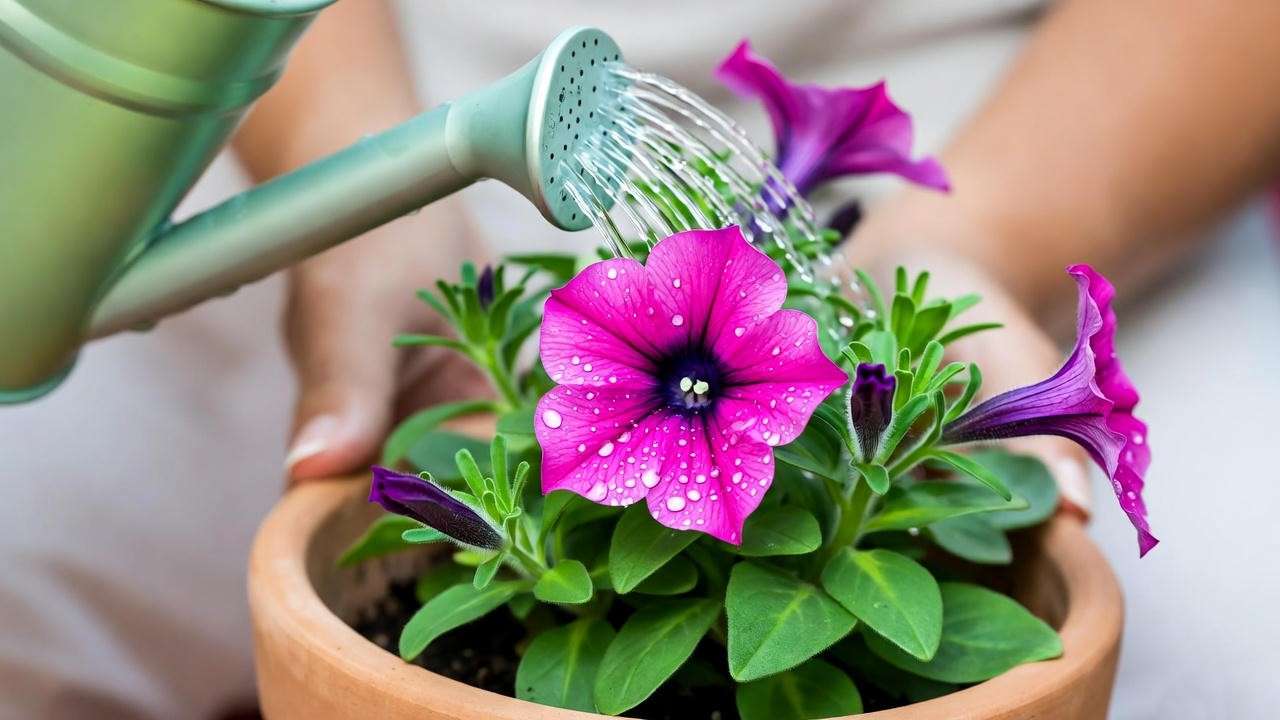Gardener watering a potted pink petunia plant, showing water droplets on vibrant pink flowers.