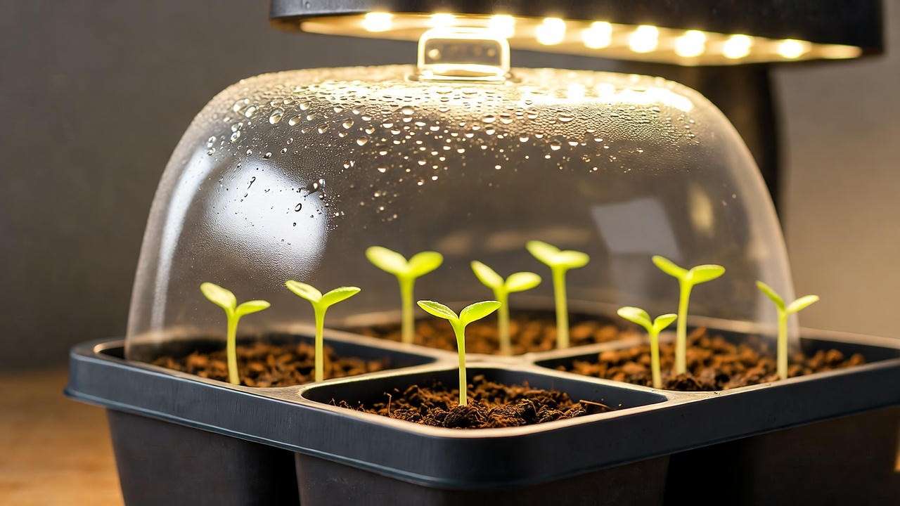 Lemongrass plant seeds germinating under humidity dome with first sprouts visible