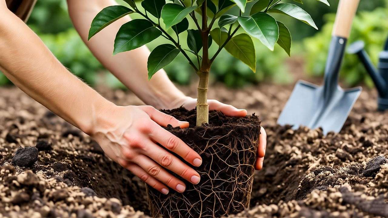 Gardener planting a young Cara orange tree in enriched soil, showcasing proper planting technique for citrus growth.