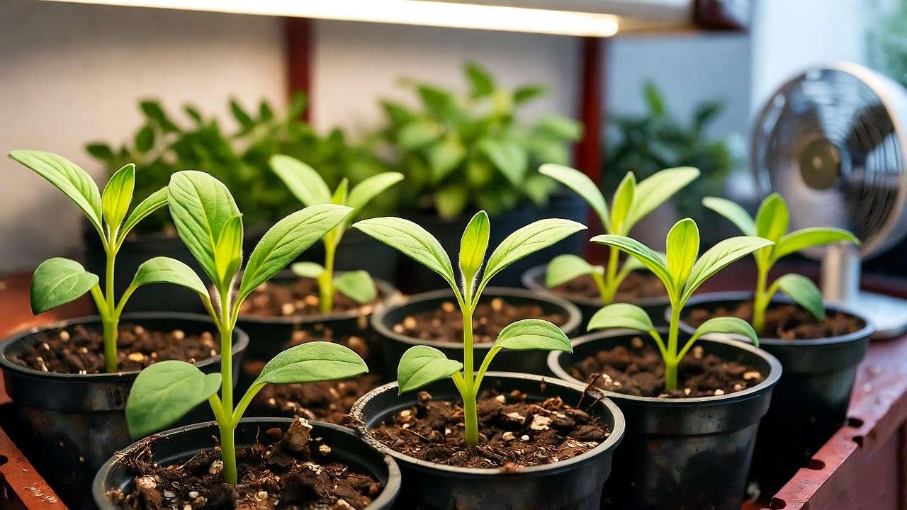 Healthy lavender seedlings in pots under grow lights, displaying vibrant green leaves in an indoor gardening setup.