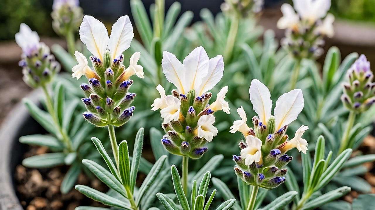 Close-up of a white lavender plant with creamy blooms and silvery foliage in bright sunlight.