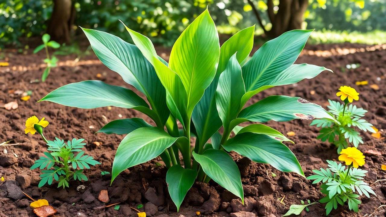 Lush ginger plant growing in a garden bed, demonstrating ideal ginger plant care in a tropical environment.