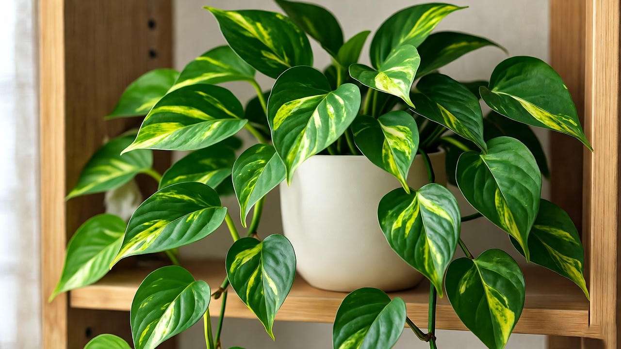 Golden Pothos with variegated leaves trailing from a white ceramic pot on a bookshelf, showcasing trailing indoor house plants.
