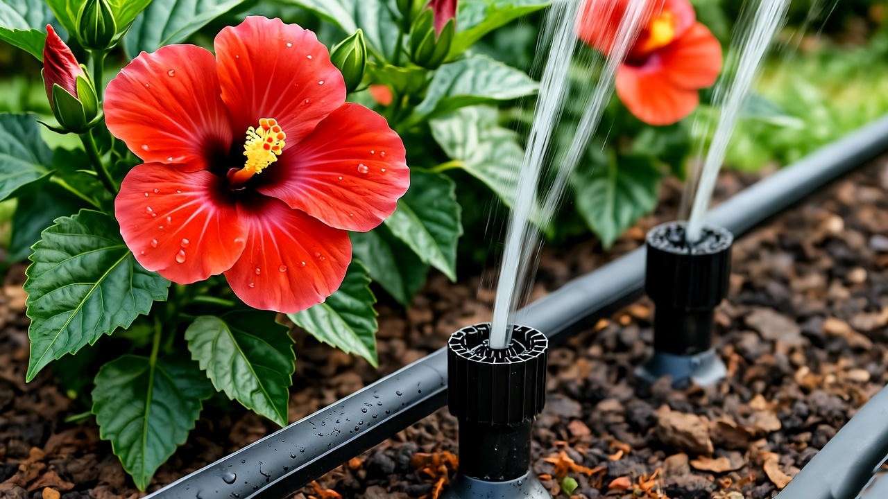  "Drip irrigation system watering vibrant red hibiscus flowers in a sunny garden." 