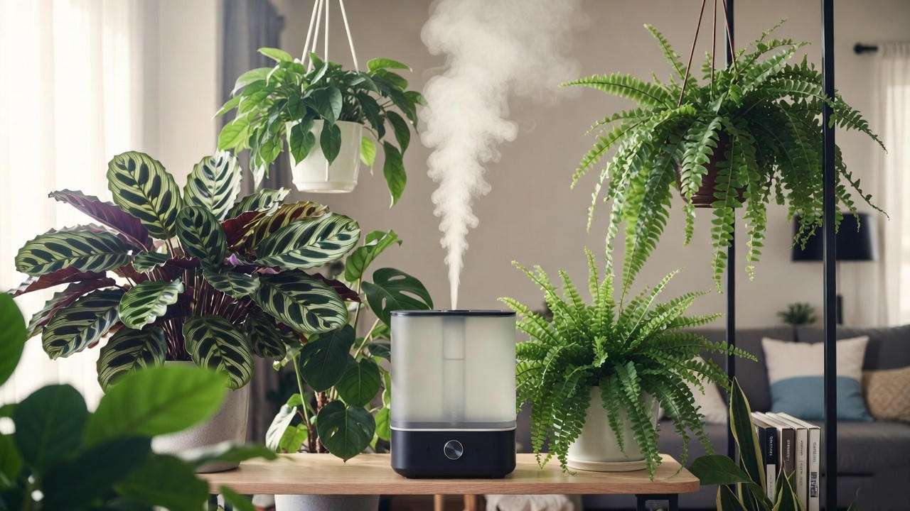 Calathea and Fern plants with vibrant leaves near a humidifier, demonstrating humidity care for colorful plant leaves in a modern room. 