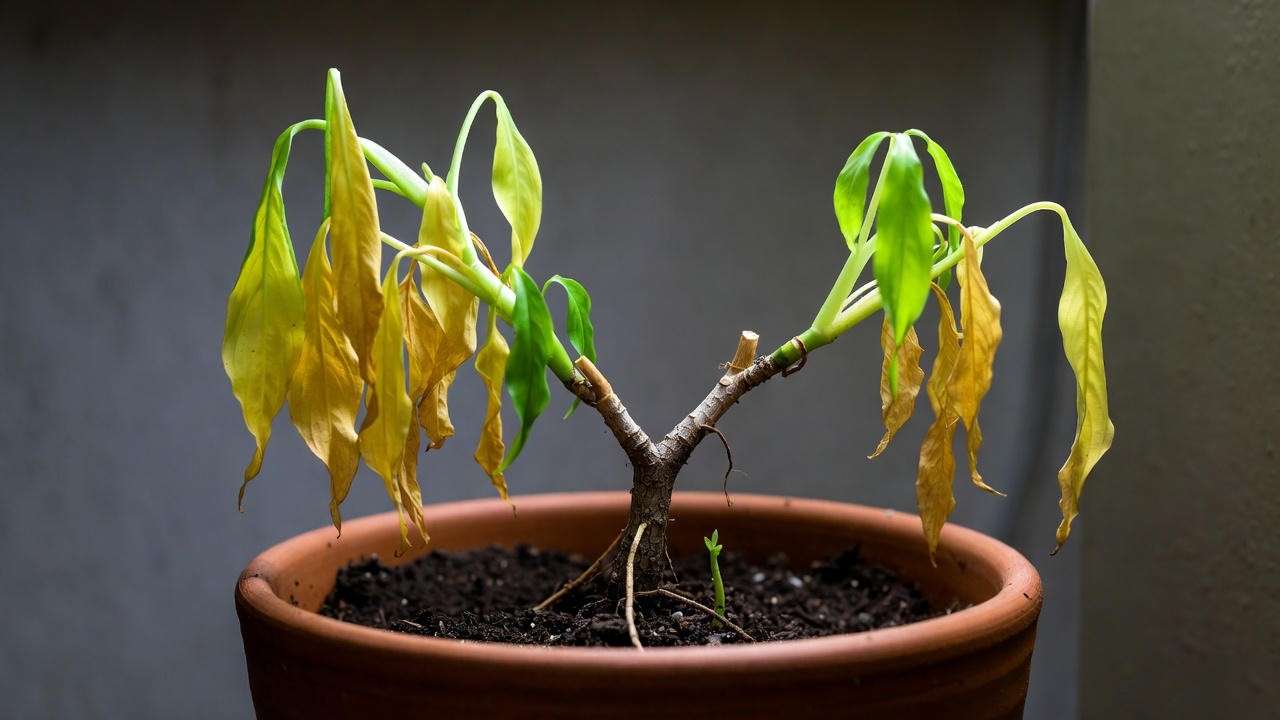 A Purple Butterfly Plant entering dormancy, with yellowing, drooping leaves and a small new shoot emerging from the soil, representing its rest phase.