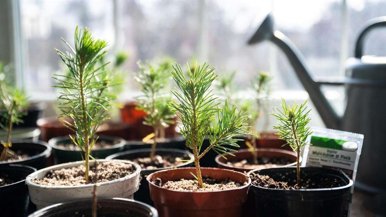 Young pine seedlings in pots on a sunny windowsill, showcasing early growth with a watering can and fertilizer in the background.