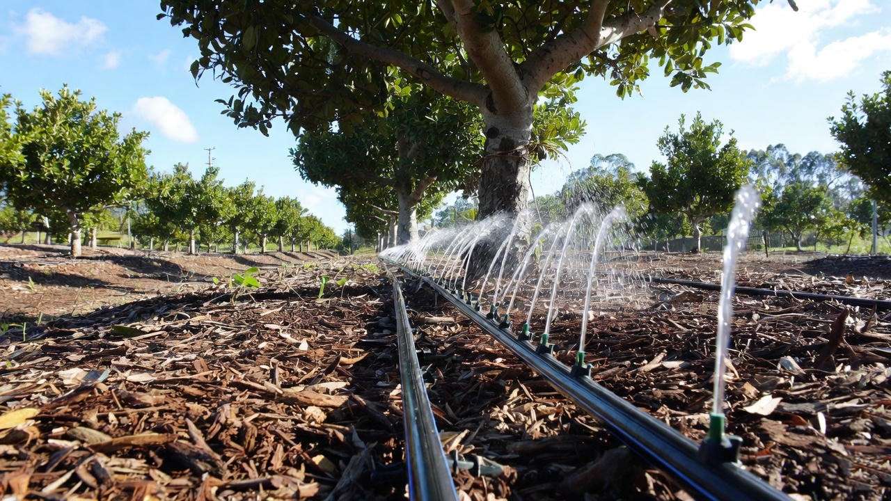 Drip irrigation system watering a macadamia nut tree’s base in a sunny orchard with mulched soil.
