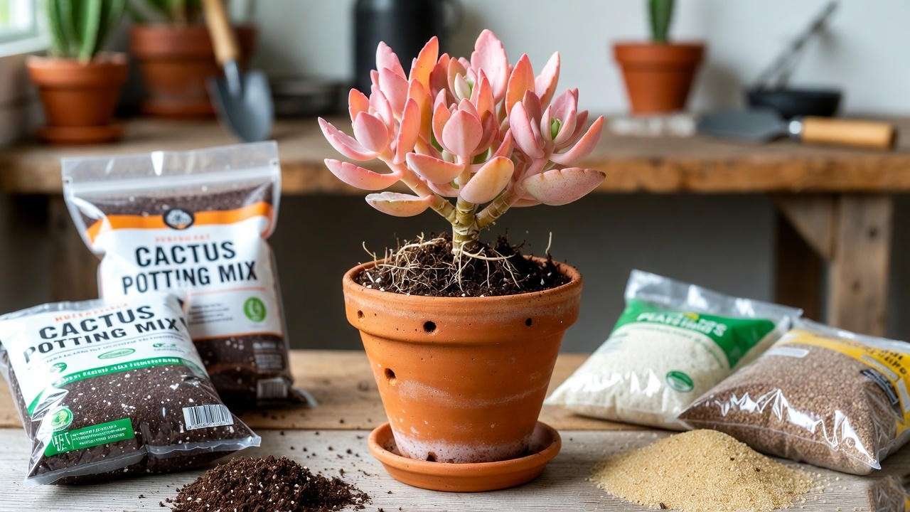 Pink kalanchoe plant in a terracotta pot with cactus soil mix, perlite, and sand for optimal drainage.