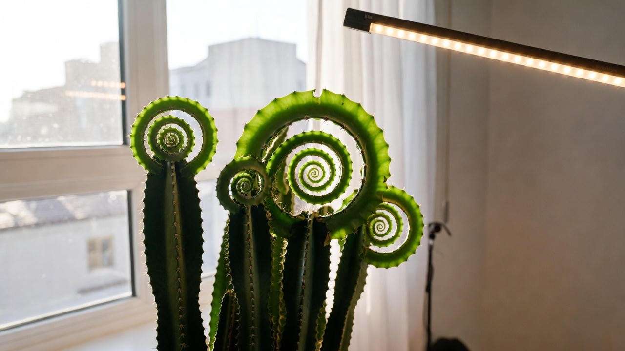 Cereus peruvianus ‘Spiralis’ spiral cactus plant on a windowsill with indirect sunlight and LED grow light, showcasing ideal lighting for spiral cactus plant care.
