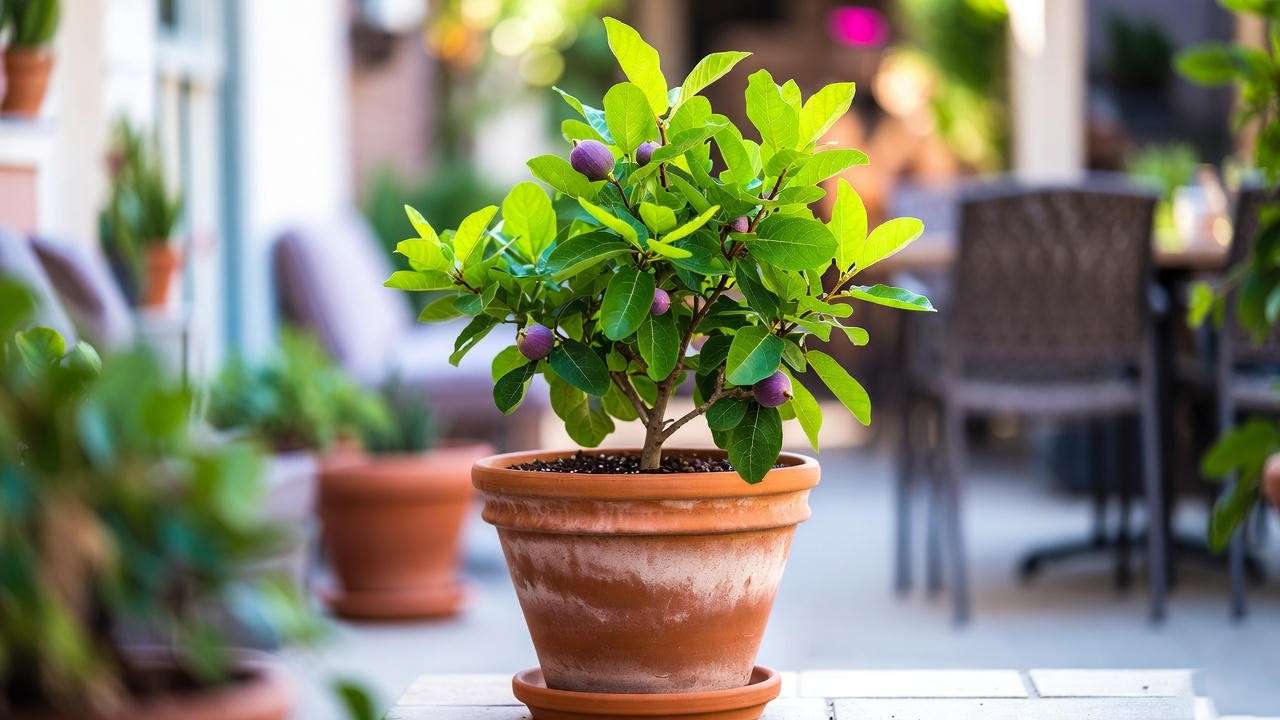 LSU Purple Fig Tree growing in a terracotta pot on a sunny patio with green leaves and figs.