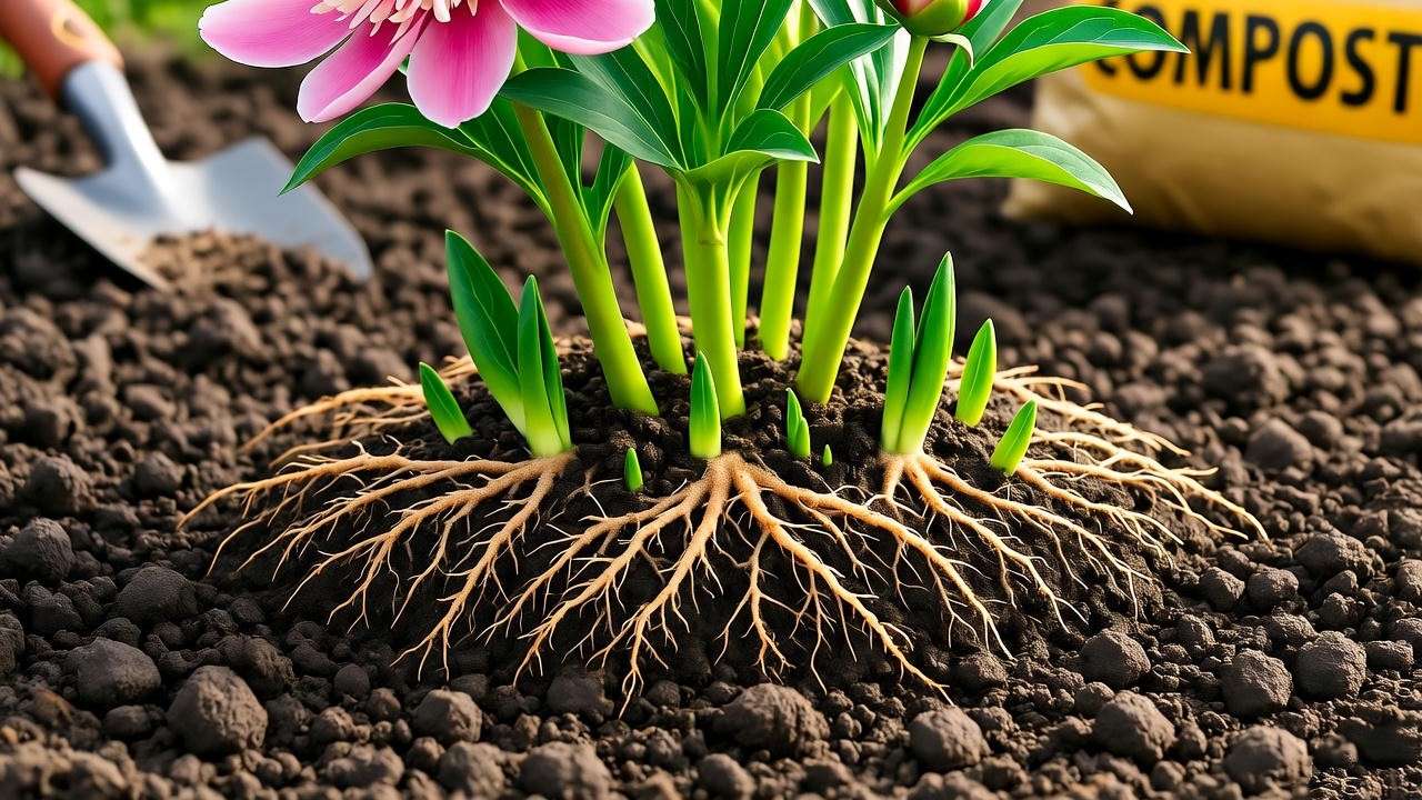 Rich loamy soil with compost around a pink peony plant, showcasing healthy soil for vibrant blooms.