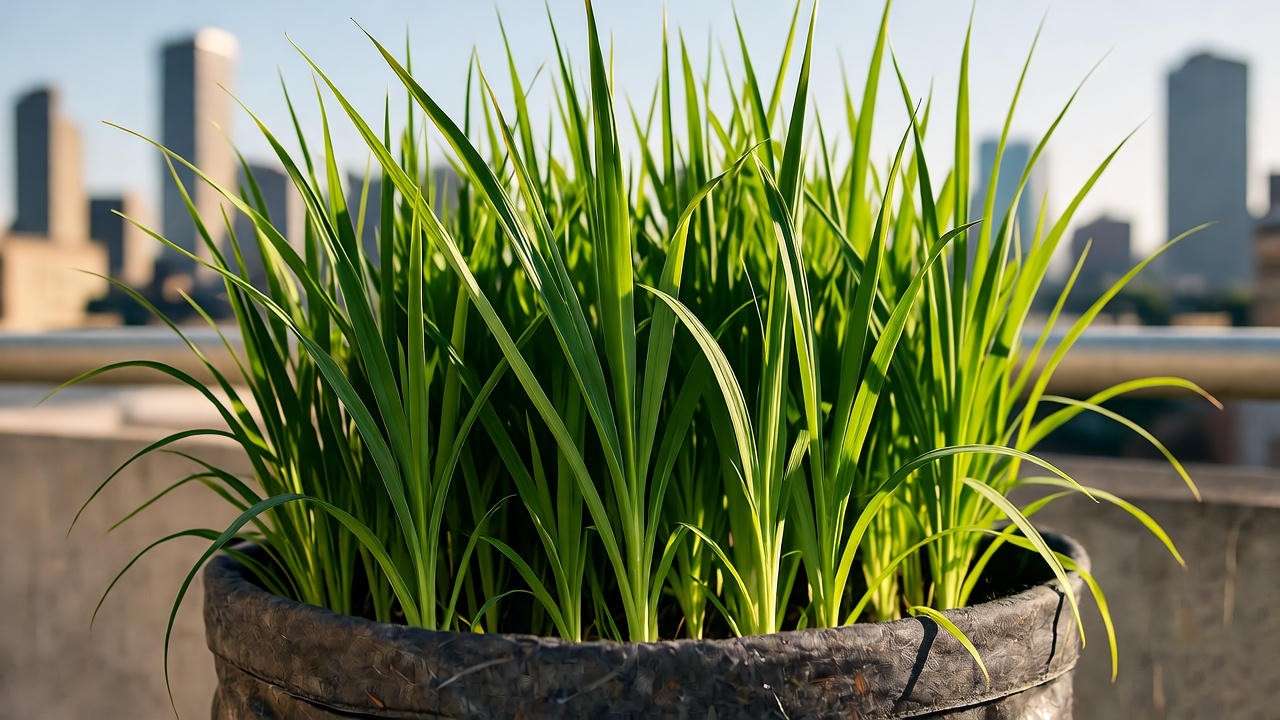 Mature lemongrass plant growing in fabric container on balcony garden