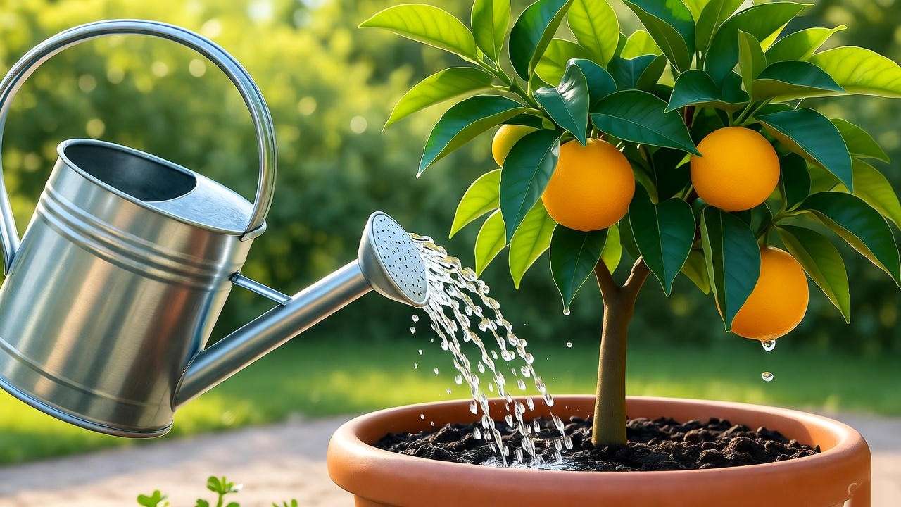 Watering a potted Cara orange tree on a sunny patio, showing healthy foliage and proper citrus care techniques.