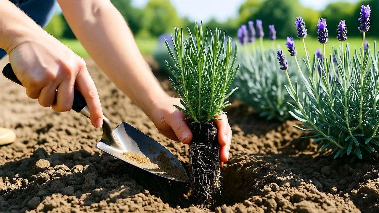 Gardener transplanting lavender seedlings into a sunny, well-drained garden bed with rows of young lavender plants.