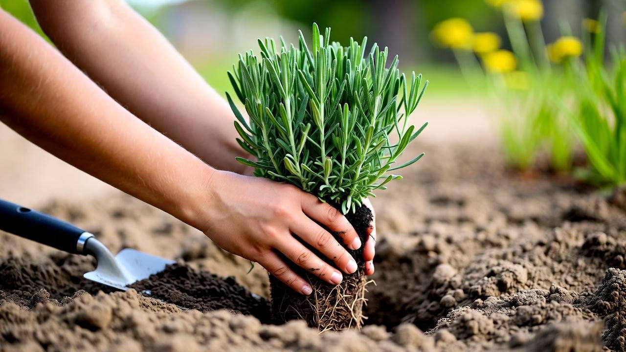 : Gardener planting a white lavender plant in well-draining soil with gravel and compost.