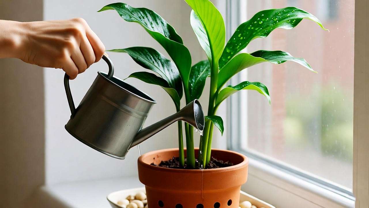 Watering a ginger plant in a pot, highlighting proper ginger plant care for optimal moisture and humidity.