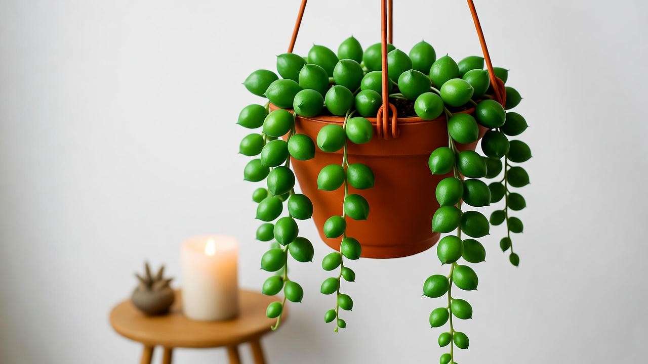 String of Pearls plant cascading from a terracotta pot, highlighting the delicate beauty of trailing indoor house plants