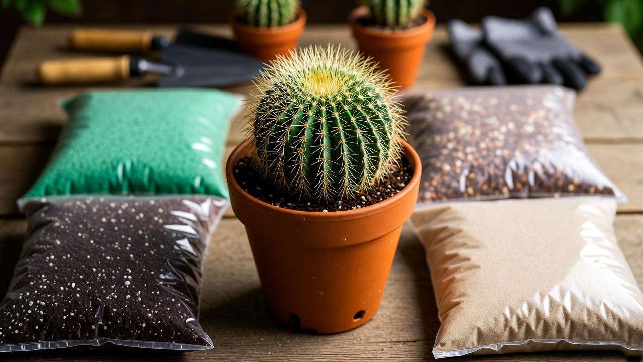 Repotting a golden barrel cactus into a terracotta pot with well-draining soil mix, showcasing ideal potting setup for golden plants.

