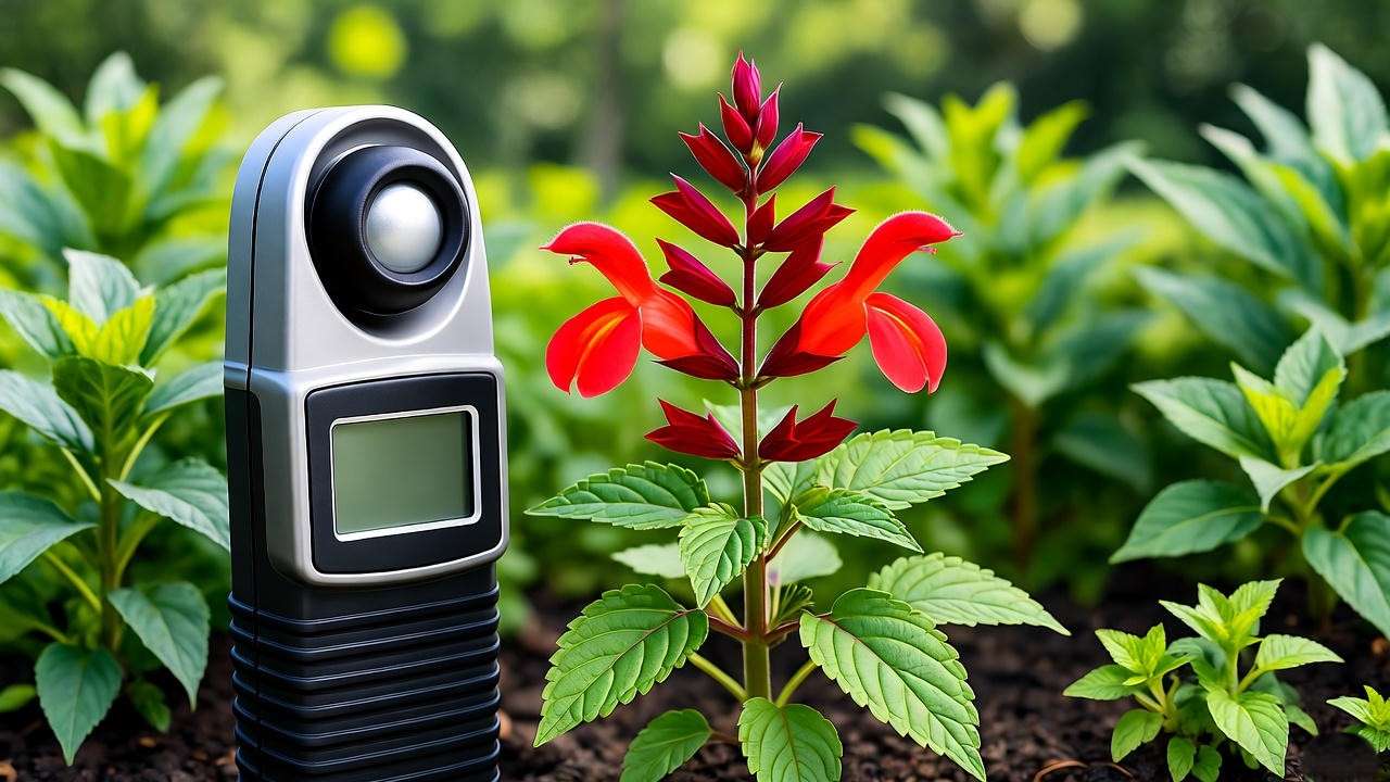 "Red salvia flower in full sunlight with sunlight meter and green companion plants." 