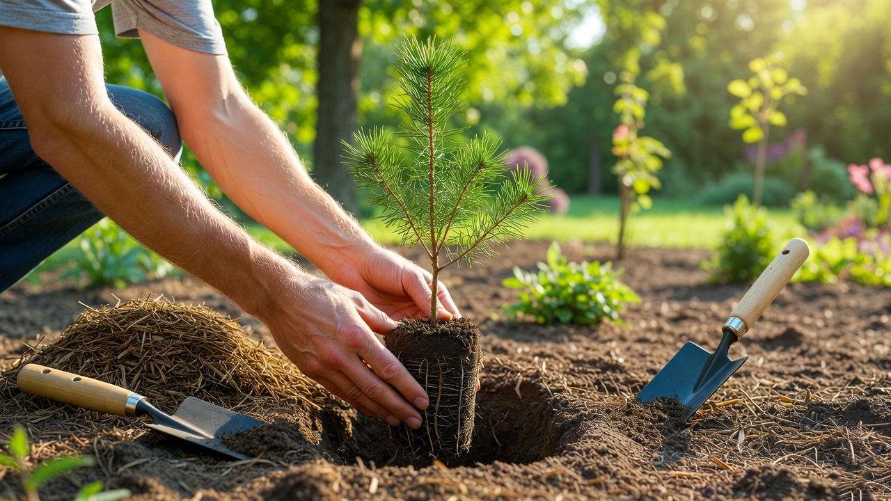 Gardener transplanting a pine seedling into a garden bed, with roots in soil and mulch nearby, in a sunny outdoor setting.