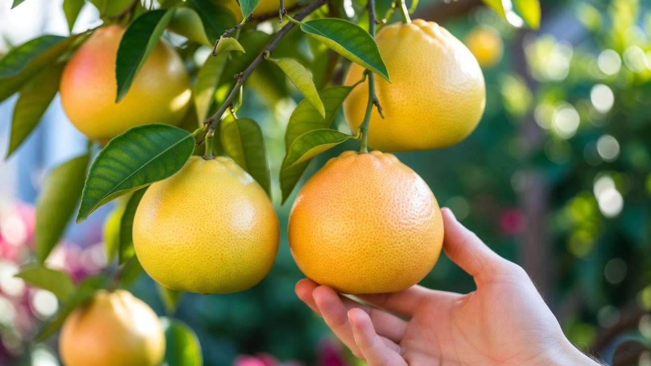 Close-up of ripe ruby red grapefruits on a tree, showcasing vibrant fruit ready for harvest in a sunny garden setting.
