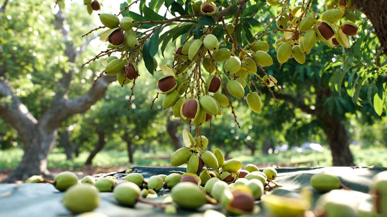 Ripe macadamia nuts with split husks on a tree and fallen onto a tarp in a lush orchard.

