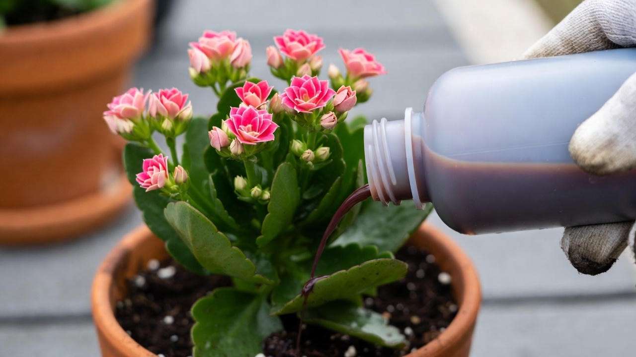 Close-up of fertilizing a pink kalanchoe plant with diluted liquid fertilizer for vibrant blooms.