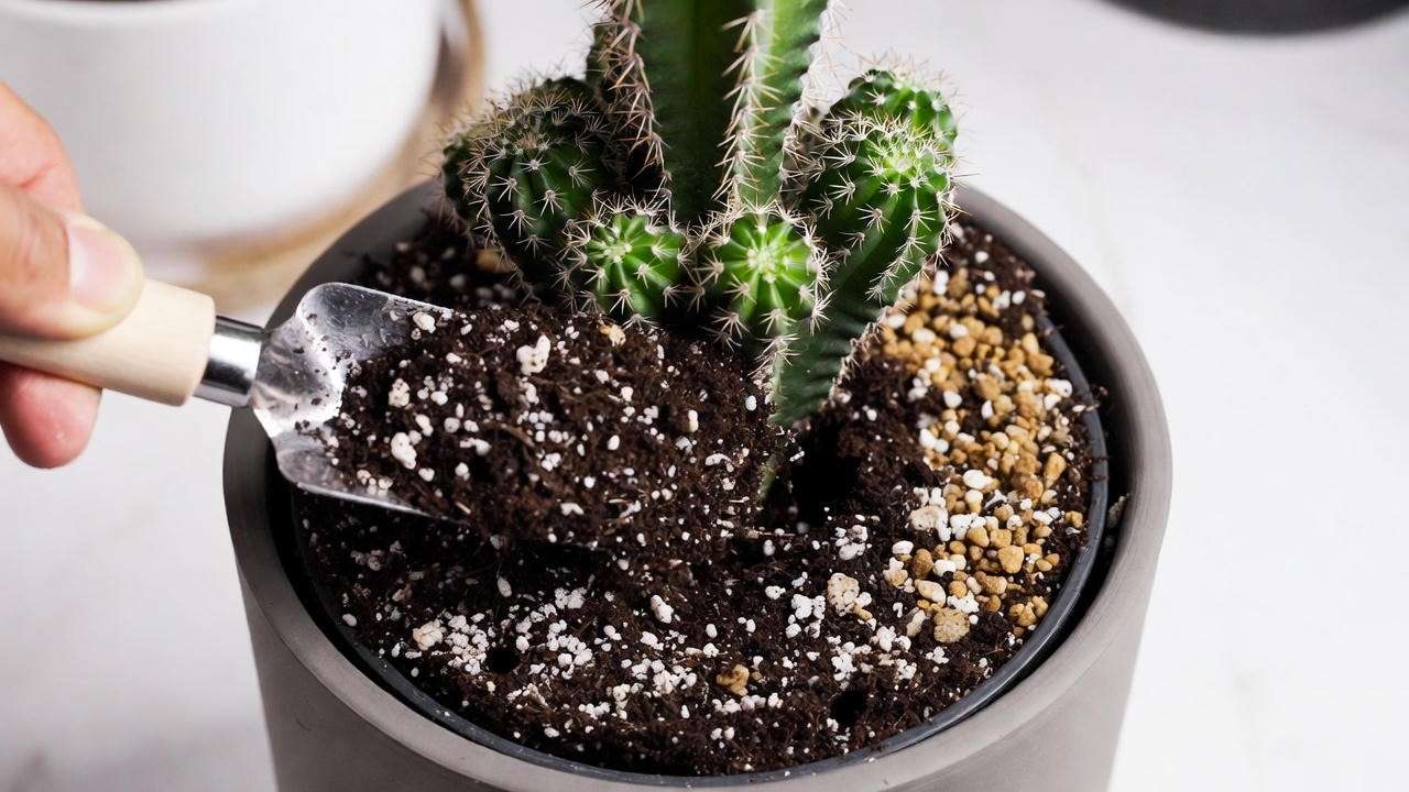 Repotting a spiral cactus plant into a pot with gritty soil mix and pebbles, illustrating proper soil for spiral cactus plant care in humid climates.
