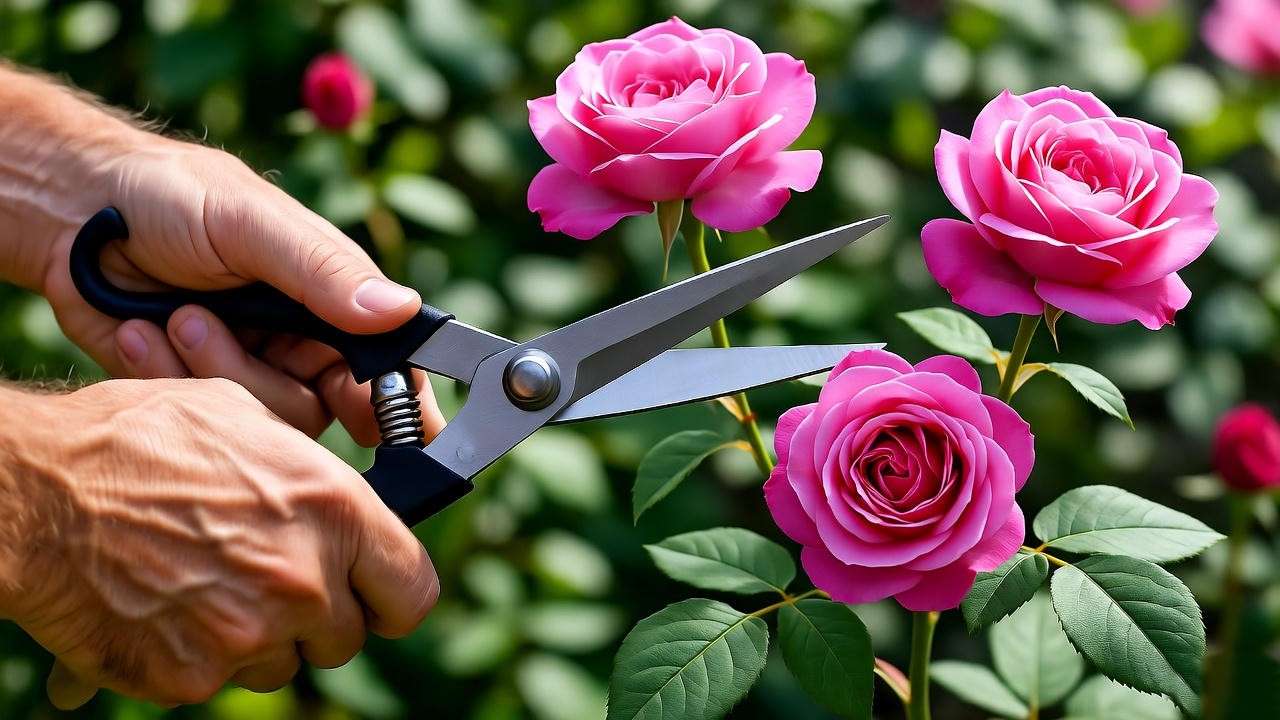 Gardener pruning a pink rose bush with shears, cutting at a 45-degree angle for healthy growth.