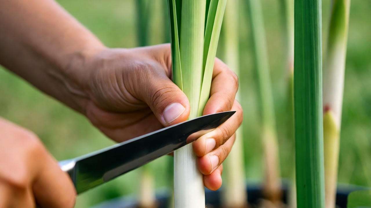 Hand harvesting lemongrass stalk using twist-and-pull method for regrowth