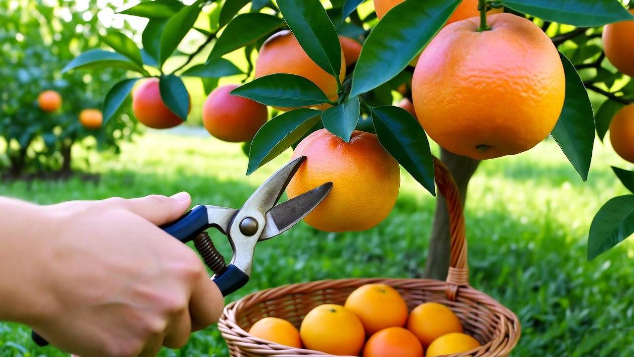 Harvesting ripe Cara orange tree fruit with pruning shears, showing vibrant pink-fleshed oranges in a sunny garden.