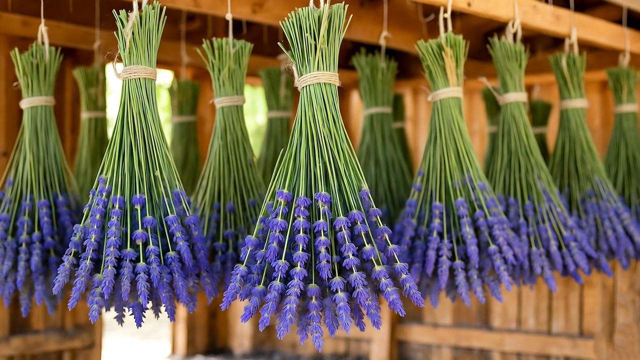 Freshly harvested lavender bundles hanging to dry in a rustic barn, tied with twine under soft sunlight.