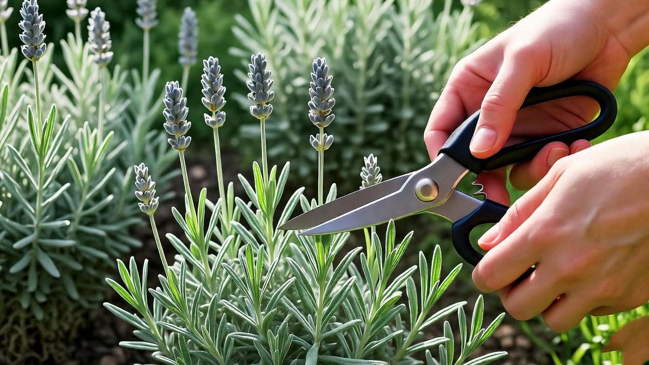 Gardener pruning a white lavender plant with shears in a sunny garden for healthy growth.