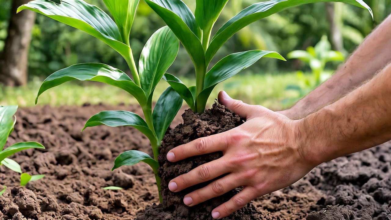 Inspecting ginger plant leaves for pests, emphasizing ginger plant care for pest prevention.