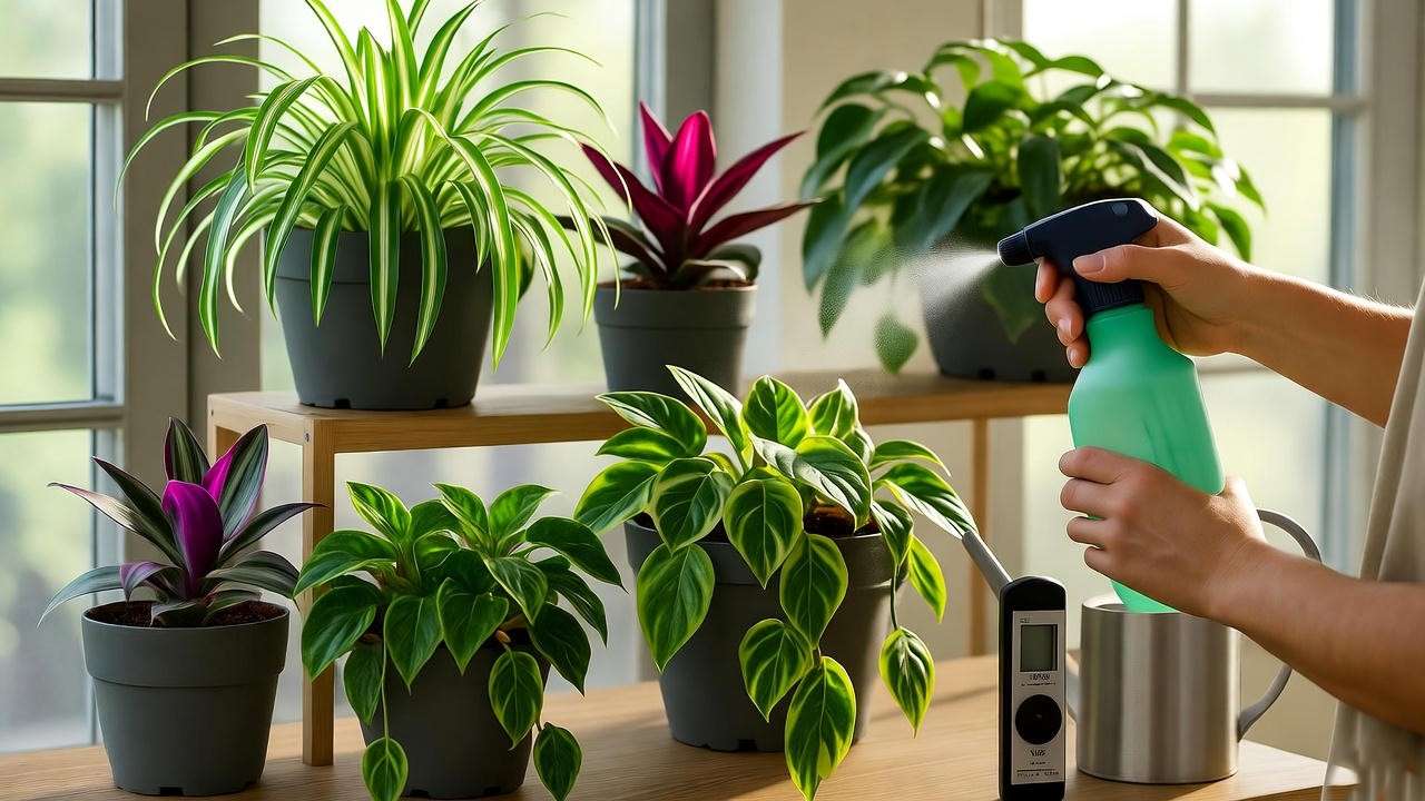 Person misting a Creeping Fig among trailing indoor house plants on a tiered stand, showcasing indoor plant care practices. 