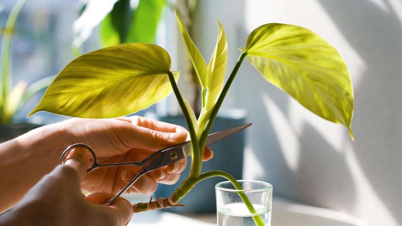 Pruning a lemon lime philodendron with scissors, showing a cutting for propagation to maintain vibrant golden foliage