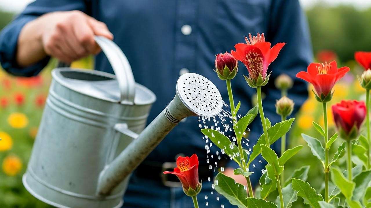 : "Gardener applying compost tea to red rose bush in a colorful garden." 